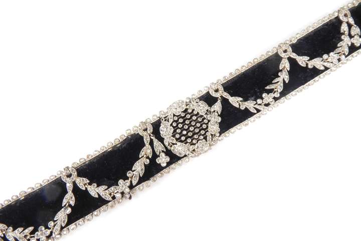 Belle epoque diamond garland swag and black velvet choker necklace by Cartier